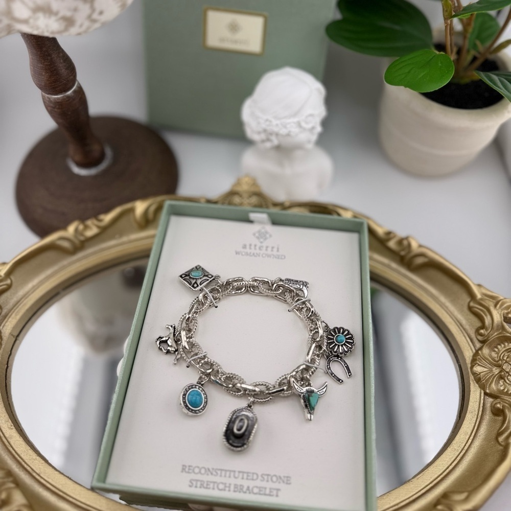 Atterri Western Charm Bracelet – Silver Stretch with Reconstituted Stone Accents - Picture 1 of 5